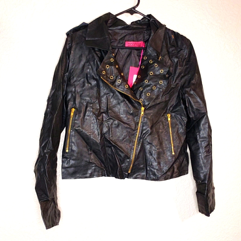 Black leather look biker jacket